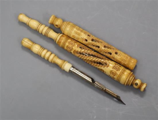 Two bone handles incorporating pens and stanhopes 14cm